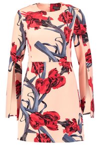 Blomsterkjole med lange ærmer, med en ferskenfarvet baggrund, kraftige røde blomster og mørkeblå stængler. Lynlås lukning bagpå.