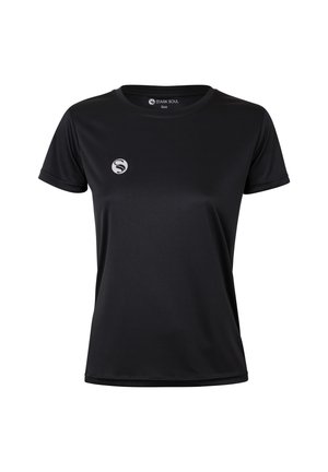 T-shirt noir à manches courtes en tissu évacuant l'humidité. Il présente un col rond et un petit logo blanc sur la poitrine gauche.