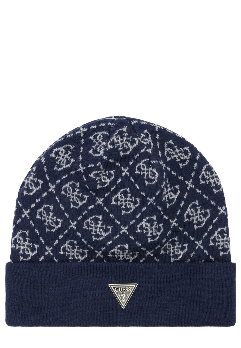 Gorro de punto azul marino con patrones geométricos blancos, con dobladillo, y una etiqueta triangular plateada en la parte frontal. Textura suave y diseño cálido.