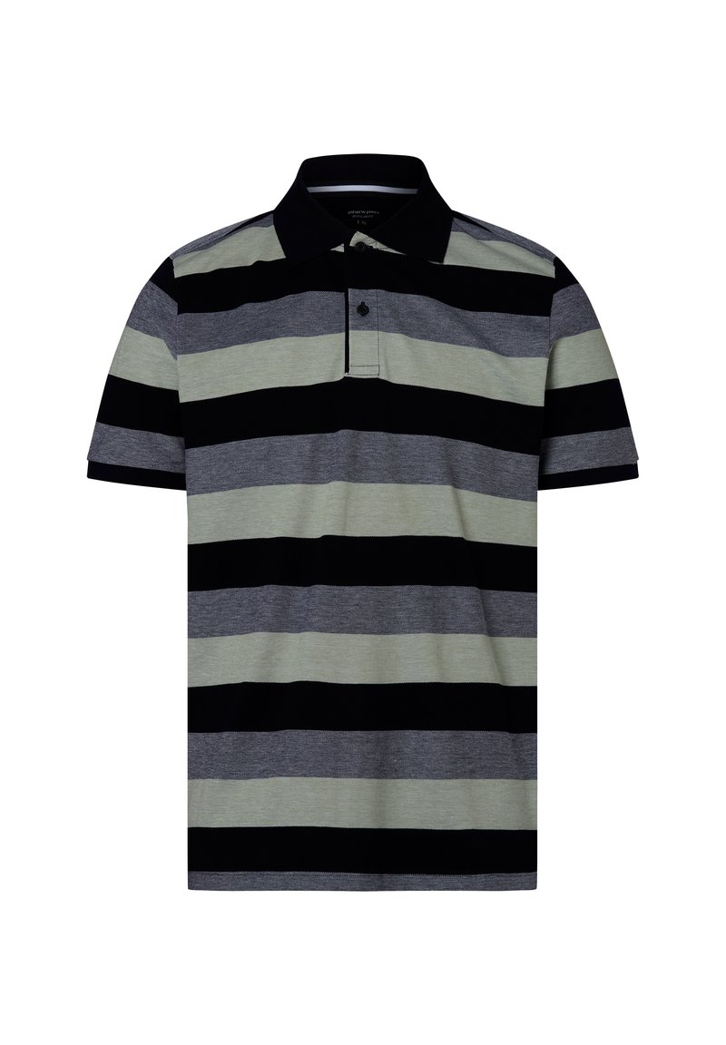 Poloshirt mit kurzen Ärmeln, mit horizontalen Streifen in Schwarz, Grau und Hellgrün. Klassischer Kragen mit einer Zwei-Knopf-Leiste.
