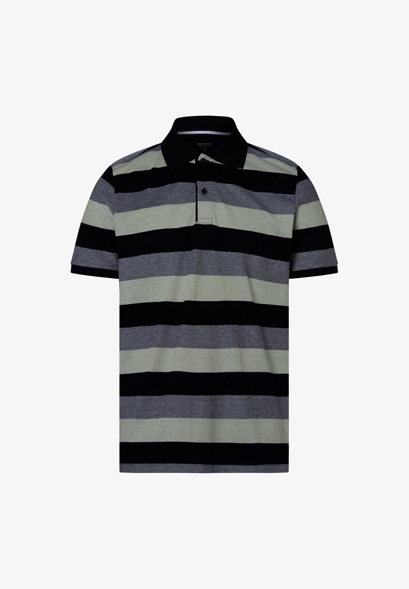 Poloshirt met korte mouwen, voorzien van horizontale strepen in zwart, grijs en lichtgroen. Klassieke kraag met knoopsluiting van twee knopen.