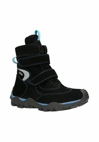 Stivale alla caviglia in suede nero con cuciture blu, dotato di due cinturini in velcro regolabili, suola robusta e interno imbottito per il comfort.