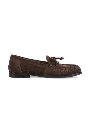 Dark brown suede loafer with low black heel, rounded toe, topstitch detailing, and knotted leather lace on vamp, displayed on white background.