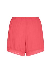 Coral woven shorts with an elastic waistband, featuring a lace trim at the hem. Lightweight fabric with a textured surface.