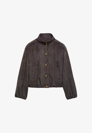Donkergrijze suède jas met hoge kraag, elastische manchetten en zoom, voorzijde met knoopsluiting en twee verticale zijzakken.