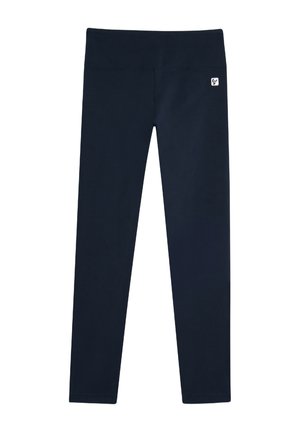 Leggings blu navy realizzati in un materiale morbido e elasticizzato; presentano un alto punto vita e un piccolo logo sulla parte anteriore. Design semplice e raffinato.