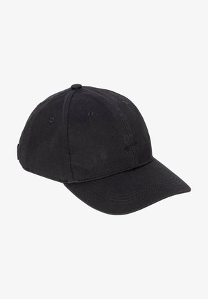 Black baseball cap with a curved brim, made of cotton. Features ventilation eyelets and a simple logo on the front. Clean design and texture.