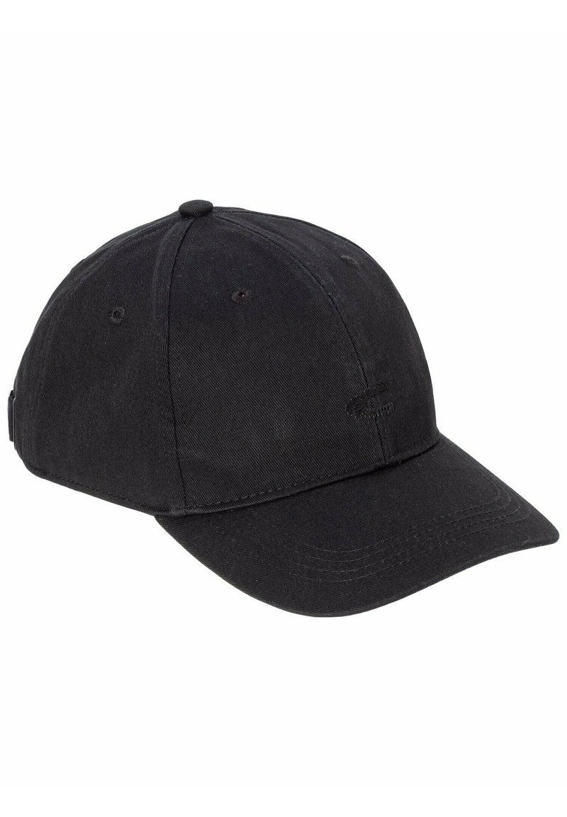 Black baseball cap with a curved brim, made of cotton. Features ventilation eyelets and a simple logo on the front. Clean design and texture.