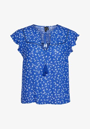 Blå kortärmad blus med vitt bladmönster, fransar vid halsringning, volangärmar och dekorativt band på axeln.