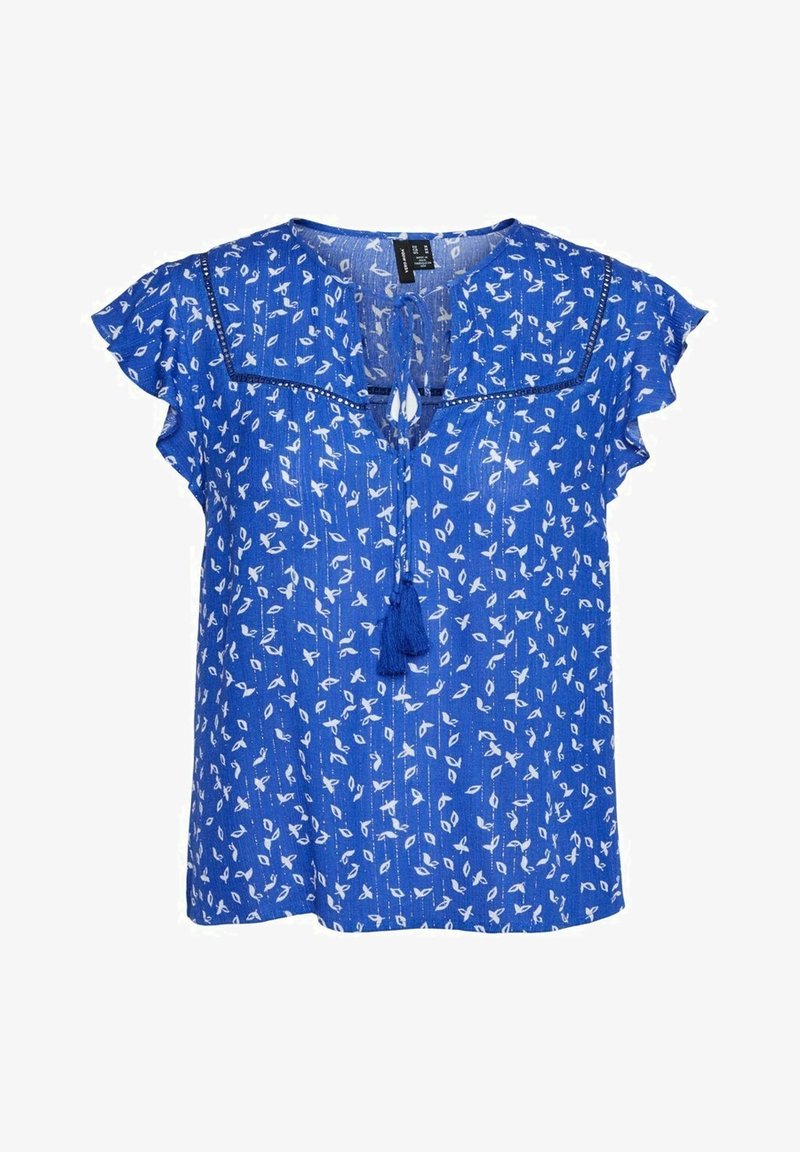 Blouse bleue à manches courtes avec un motif de feuilles blanches, liens à franges au niveau du col, manches volantées et garniture décorative sur l'empiècement.