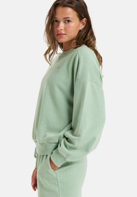 Light green sweatshirt made of soft fabric, featuring a round neckline, dropped shoulders, and ribbed cuffs and hem. Minimal logo detail.