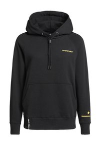 Czarna bluza z kapturem wykonana z mieszanki bawełny, z kieszenią kangurką, kapturem ze sznurkiem, żółtym logo na klatce piersiowej oraz kontrastowymi detalami na rękawach.