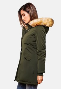 Green parka with a faux fur hood, zip closure, and two front pockets. Smooth texture and hood accents with golden brown fur.