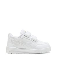 Scarpe sportive bianche con due cinturini in Velcro, tomaia in sintetico liscio, collo imbottito e suola in gomma texturizzata, con logo del marchio laterale.