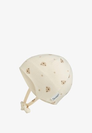 Cremefarbener Babykopfschmuck mit kleinen braunen Bärenköpfen und Punkte-Muster, ausgestattet mit Kinnbändern, die geknotet sind, und einem weißen Sterntaler-Etikett.