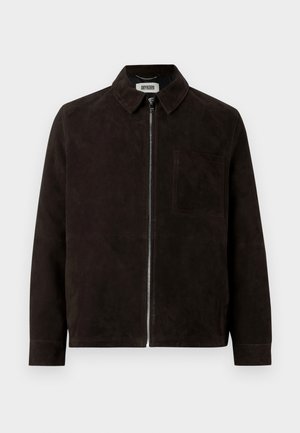 Dark brown suede jacket with front zipper, chest pocket on left side, long sleeves, and a classic collar.