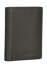 Cartera de cuero negro con superficie texturizada y bordes cosidos, con detalle del logo en relieve en la parte frontal. Diseño compacto y rectangular.