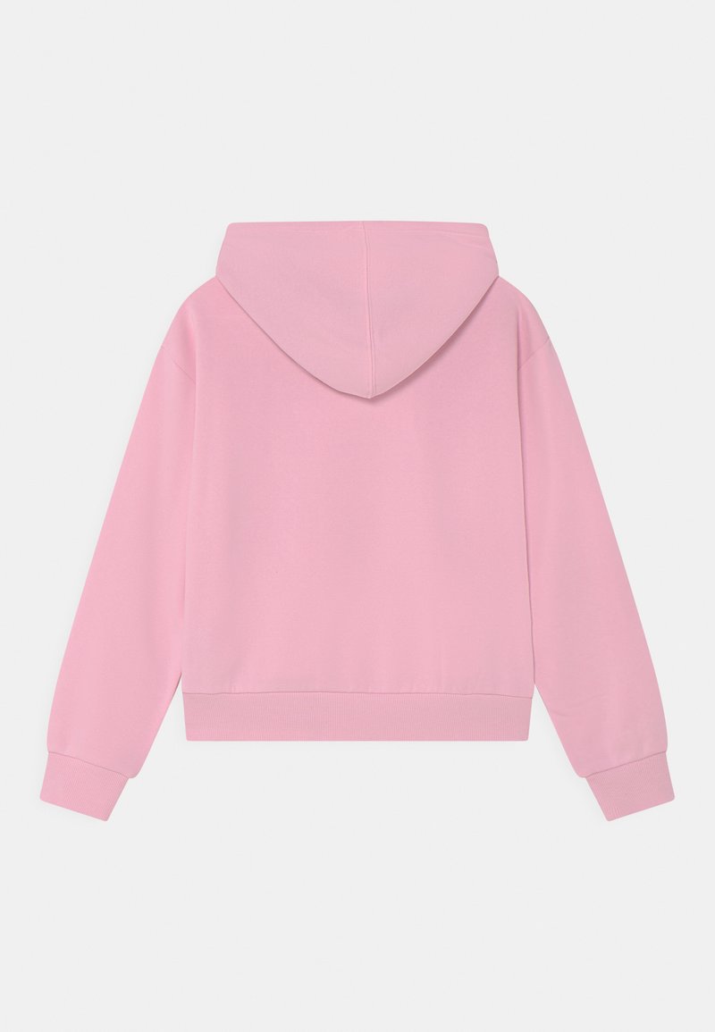 Vue arrière d'un sweat à capuche léger rose uni avec des manches longues, des poignets côtelés et une capuche sur fond blanc.