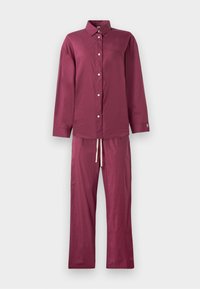 Mörkröd tvådelad outfit som består av en långärmad skjorta med knappar och lösa byxor med justerbar dragsko. Slät textur, avslappnad design.