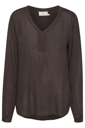 Mørkegrå, langærmet bluse med V-udskæring og en subtil tekstur. Har en forlænget frontplacket og buet kant for en afslappet pasform.