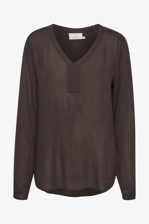 Ciemnoszara bluzka z długim rękawem, z dekoltem w kształcie litery V i subtelną fakturą. Posiada wydłużony przód z zapięciem i zaokrąglony dół, co zapewnia luźny fason.