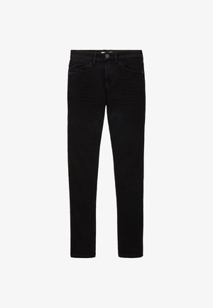 Fekete farmernadrág, slim fit szabással, öt zsebbel és gombos záródással. Simább textúra és minimális varrási részletek.