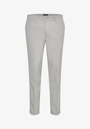 Light grey tailored trousers with a flat front, belt loops, and a rolled hem. Made from a smooth fabric with a subtle texture.