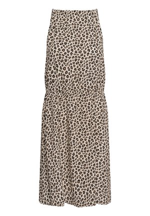 Bēšs midi svārks ar savāktu jostasvietu un melnu un brūnu leoparda rakstu.