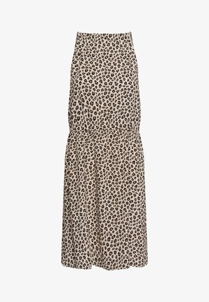 Beež midi-seelik kogutud vöökoha ja musta-pruunide leopardimustriga.