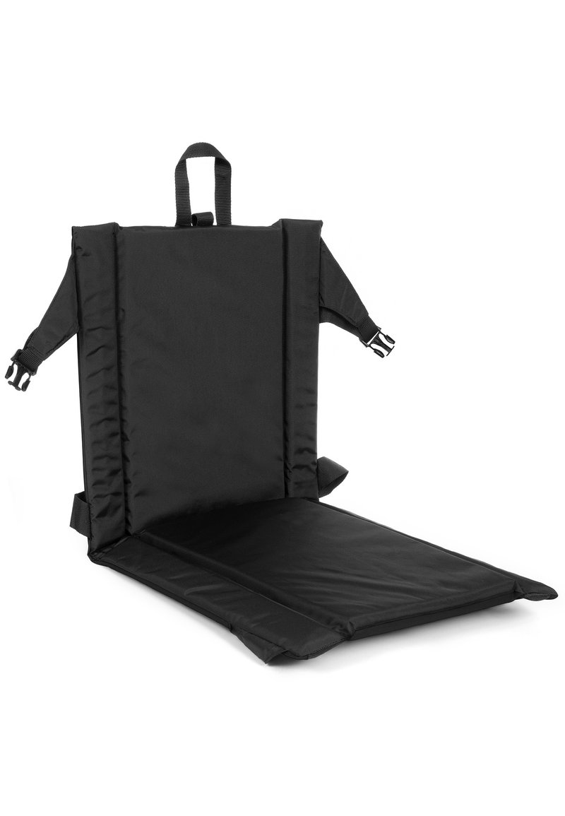 Cojo de asiento acolchado negro con correas ajustables y soporte lumbar, que presenta una base plana y una textura suave.
