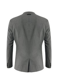 Blazer grigio con un motivo a quadri, con una fessura singola sul retro e una vestibilità su misura. Presenta maniche lunghe e dettagli ai polsini con bottoni.