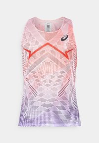 Mouwloze sporttop in een roze en paarse gradient, met geometrische patronen en een zwart logo. Gemaakt van ademend, lichtgewicht materiaal.
