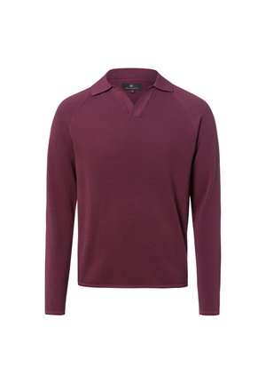 Langärmliger dunkelvioletter Strickpullover mit V-Ausschnitt und kleinem Kragen, auf weißem Hintergrund dargestellt.