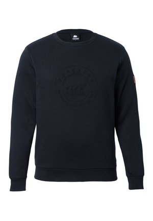 Marine Sweatshirt aus weichem Material, mit Rundhalsausschnitt, gerippten Bündchen, erhabenem Logodetail auf der Vorderseite und einem kleinen Lederetikett am Ärmel.