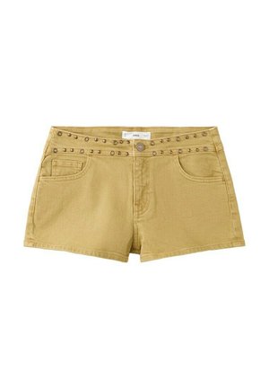 Pantaloncini in denim color beige con bottone frontale, borchie lungo la cintura e due tasche frontali.