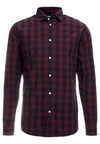 Miestenska košeľa s dlhým rukávom, so zapínaním na gombíky, v červeno-tmavomodrom károvanom vzore a klasickým golierom.