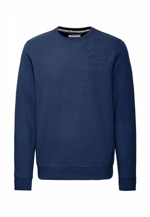 Navy blue sweatshirt made of soft fabric, featuring a round neck, long sleeves, ribbed cuffs, and an embroidered mountain design on the chest.