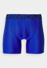 Boxers bleus en matériau extensible avec un design ajusté et une ceinture noire portant le mot "ARMOUR" en lettres bleues.