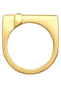 Goldring mit quadratischer Oberseite und abgerundetem Körper. Verfügt über eine glatte, glänzende Oberfläche und einen Band, der nahtlos mit einem flachen Akzent verbunden ist.