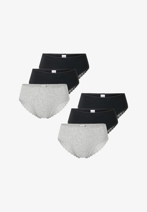 Six paires de culottes pour femmes en noir et gris. Fabriquées en tissu doux avec une bordure en dentelle à volants le long de la taille. Matériau en coton.