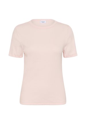 Gaiši rozā īsās piedurknes t-krekls, kas izgatavots no ribota auduma. Tam ir klasiskā apaļā kakla izgriezums un nemanāma izšūšana pie piedurknēm un apakšmalas.