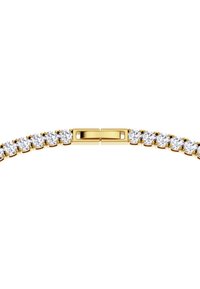 Goldfarbener Armreif mit geradlinigem Design, besetzt mit klaren, runden Zirkonia-Gemstones und einem sicheren Verschluss.