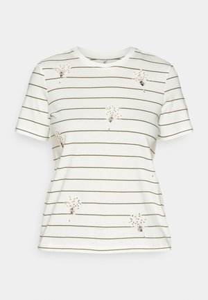 Striped short-sleeve t-shirt in cream with olive green lines, featuring floral dandelion illustrations and metallic accents on the front.