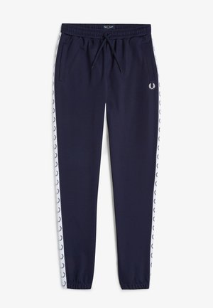 Marineblaue Trainingshose mit elastischem Bund und Bündchen, weißen Seitenstreifen mit wiederholtem Lorbeerkranz-Logo und Fronttaschen.