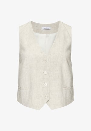 Linen vest in light beige with a v-neckline, five buttons down the front, and two side pockets. Smooth texture with a tailored fit.