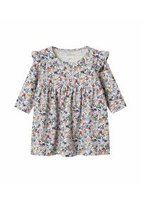 Blommig långärmad klänning med vit bas och flerfärgade blommor i rosa, blått och gult, samt volangdetaljer på axlarna.