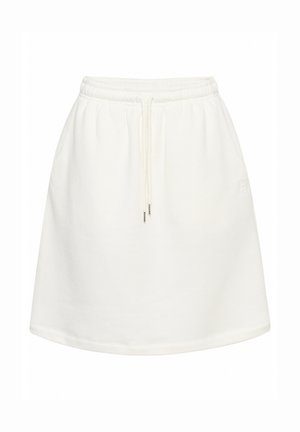 Valkoinen puuvillahame, jossa on elastinen vyötärö ja naru. Tasainen rakenne, jossa on levenevä muotoilu, ja sivussa on hienovarainen brändäys.