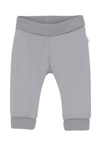 Szare legginsy bawełniane z szerokim elastycznym pasem, ściągaczami oraz gładką fakturą. Brak wzorów lub dodatkowych akcentów.