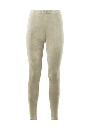 Velvet leggings in een gedempte groene kleur, met een elastische tailleband en een gladde, zachte textuur over de hele stof.