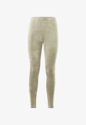 Velvet leggings in een gedempte groene kleur, met een elastische tailleband en een gladde, zachte textuur over de hele stof.